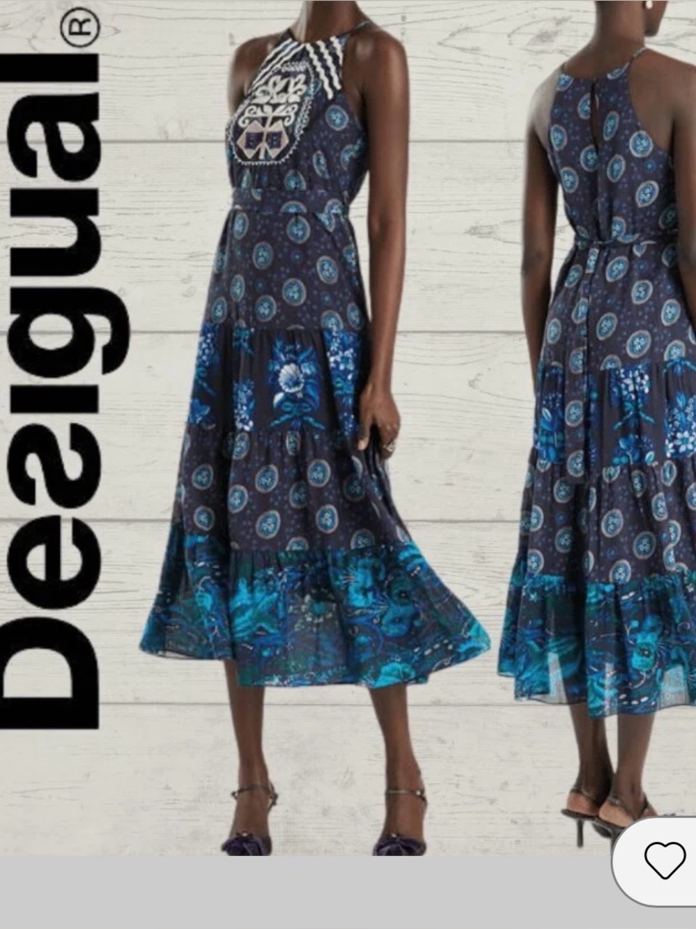 Desigual Embroidered Navy Midi Halter Dress with Teal & Cream Accents New Size L - Picture 3 of 8